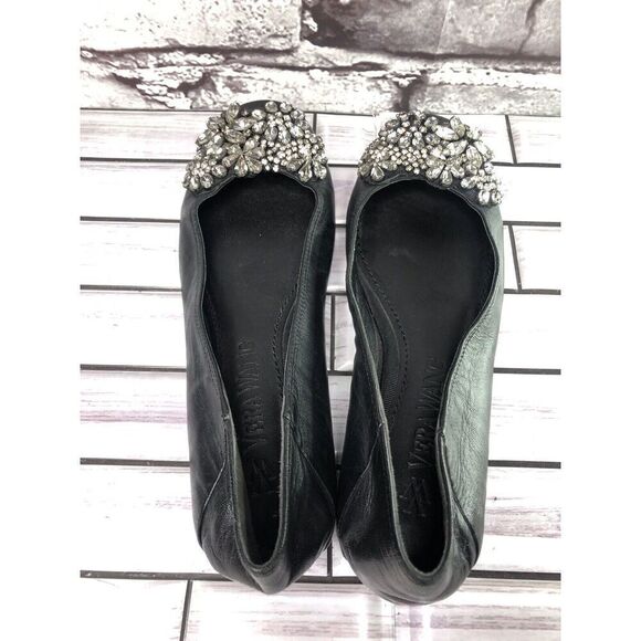 Vera Wang Black Leather Crystal Embellished Ballet Flats Shoes Women sz 5M US/35 - Picture 6 of 16